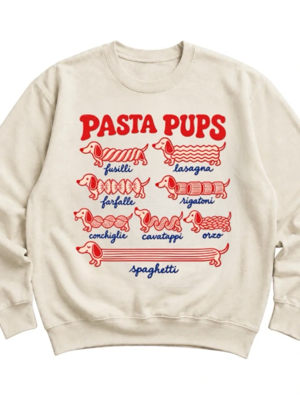 Cream Pasta Pups Graphic Sweatshirt with Red and Blue Print